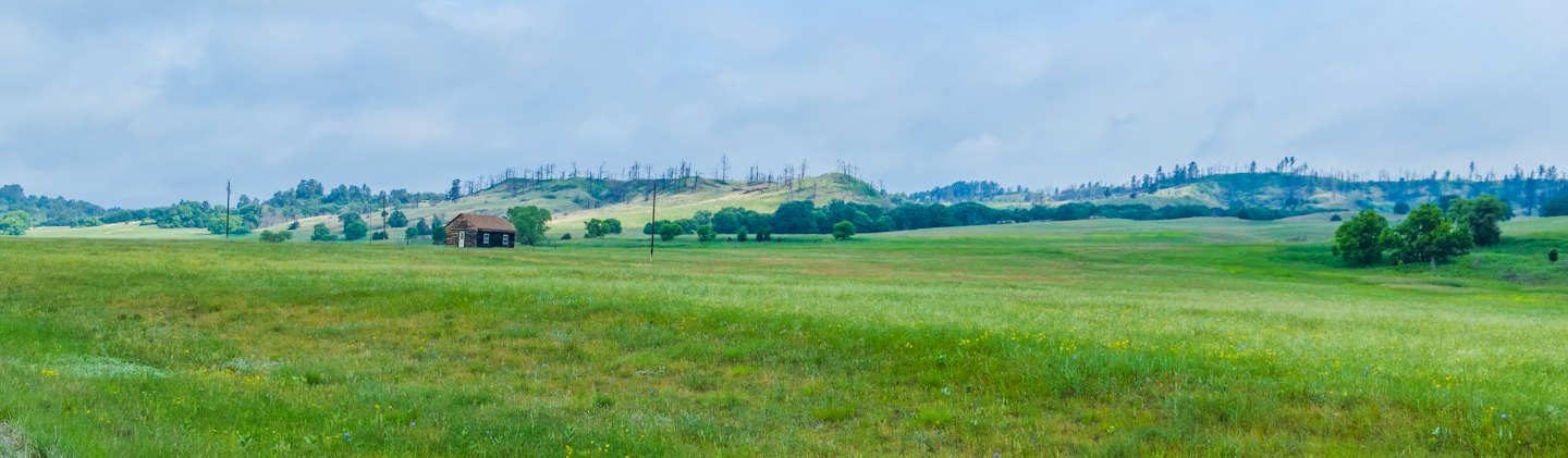 Rustikálna drevená budova stojí na lúke plnej divokých kvetov.